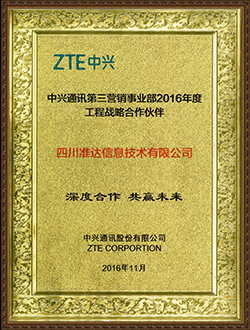 中興通訊第三營(yíng)銷事業(yè)部2016年度工程戰(zhàn)略合作伙伴深度合作共贏未來獎(jiǎng)
